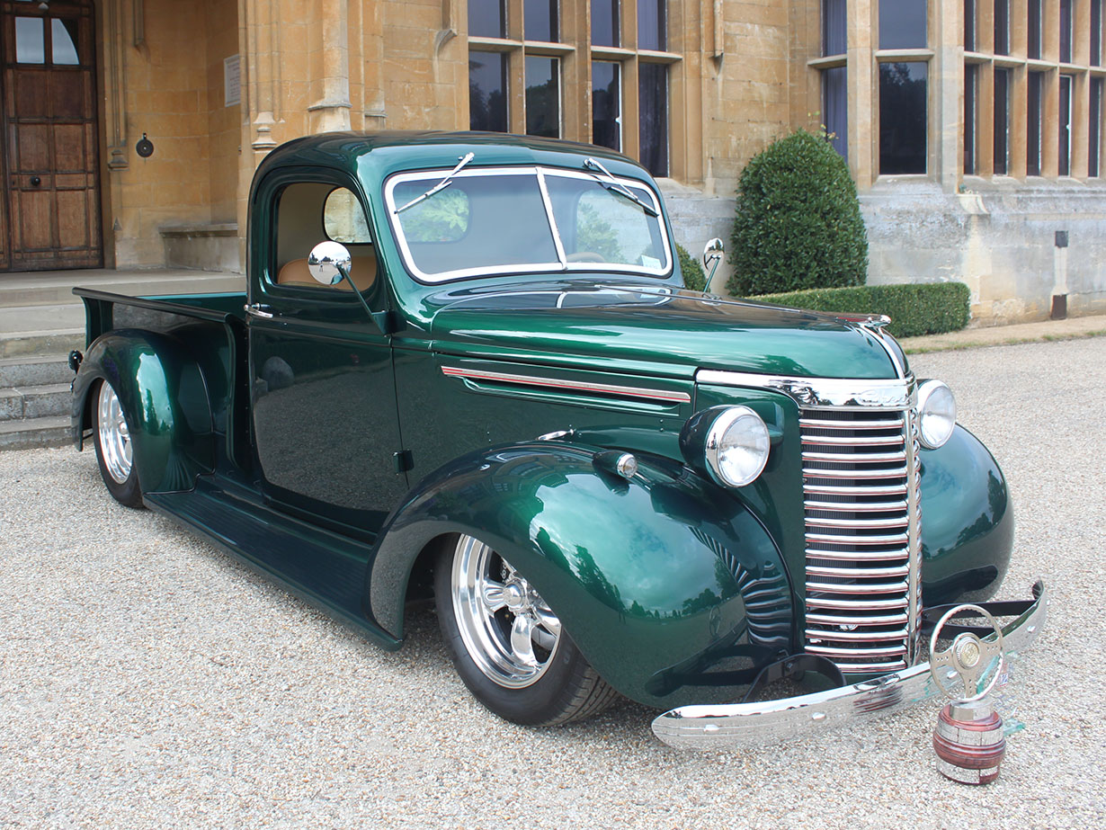 Green 1940 Chevy Pick-Up Truck with trophies